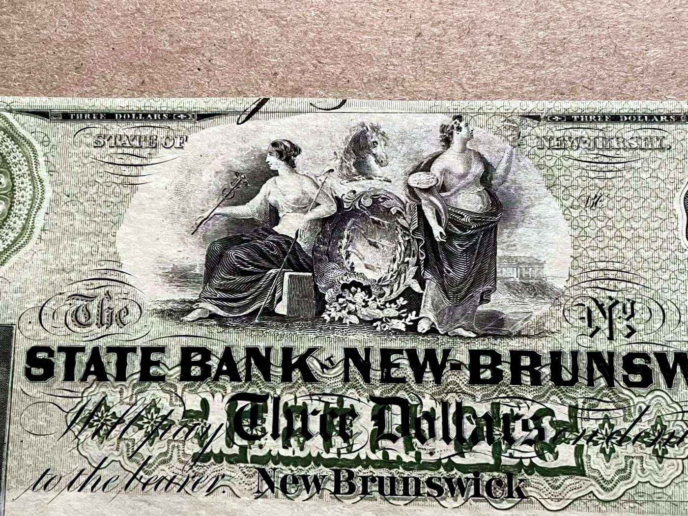 【Blue Auction】✨世界纸币精拍第406期【精】 【带签名少见品种】美国 新布朗斯维克 18XX年3美金 绿色套印 众女神 漏奶 经典 UNC- 