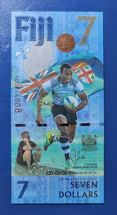 港、澳、台、中外钞、流水签、机签、箱包单、靓号专场第55期 - 斐济 2017年 7元 奥运橄榄球夺冠纪念纸钞 豹子号 AU 0814888 “您发 一世发发发“” UNC一张/如图