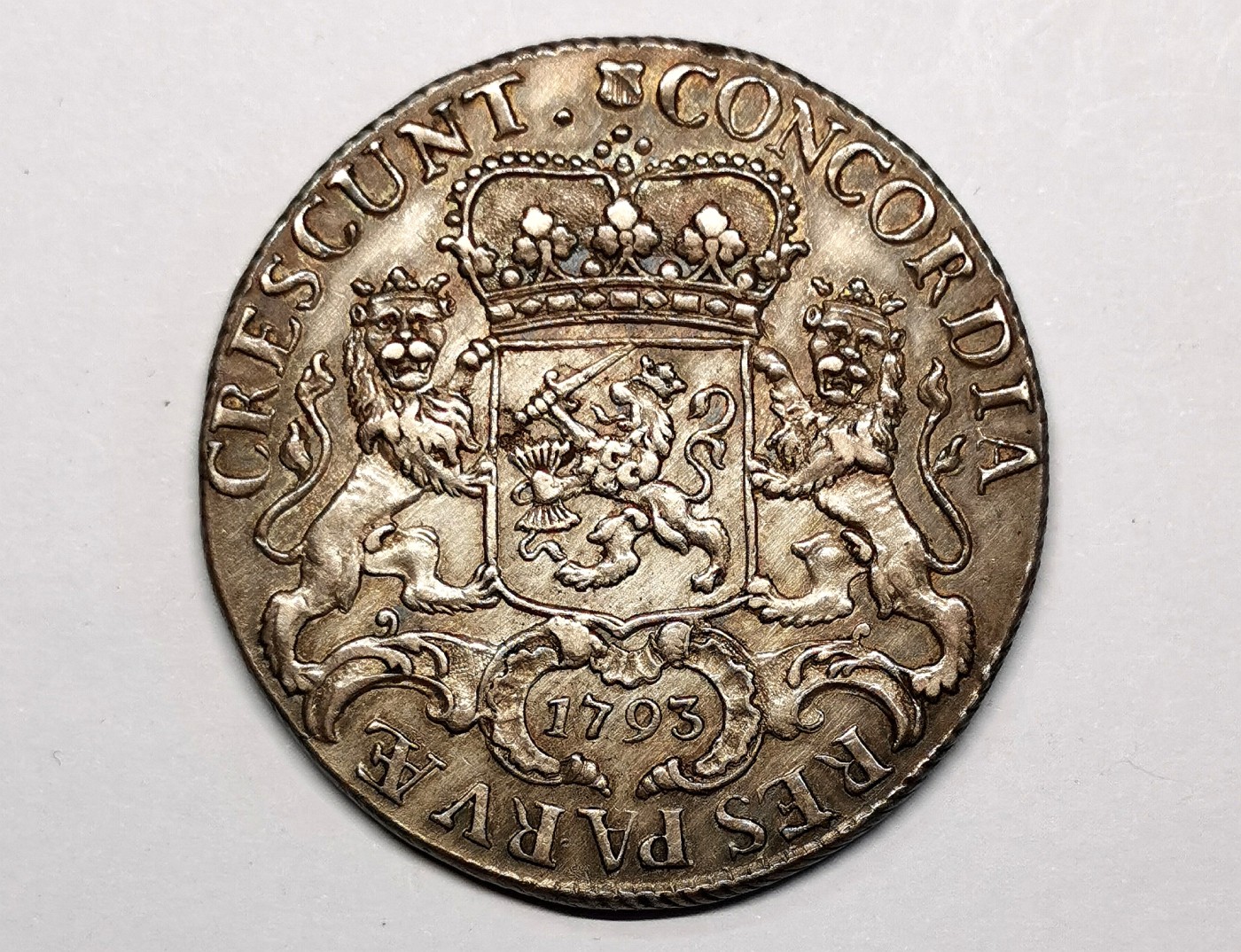 凡希社世界钱币微拍第二百五十七期（感恩专场） 1793乌特勒支马剑DUCAT大银细节AU有老洗痕迹