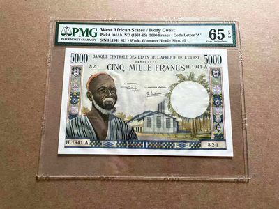 【Blue Auction】✨世界纸币精拍第406期【精】 - 【无47】法属西非 象牙海岸 1961-65年5000法郎 大奶妈 PMG65EPQ 