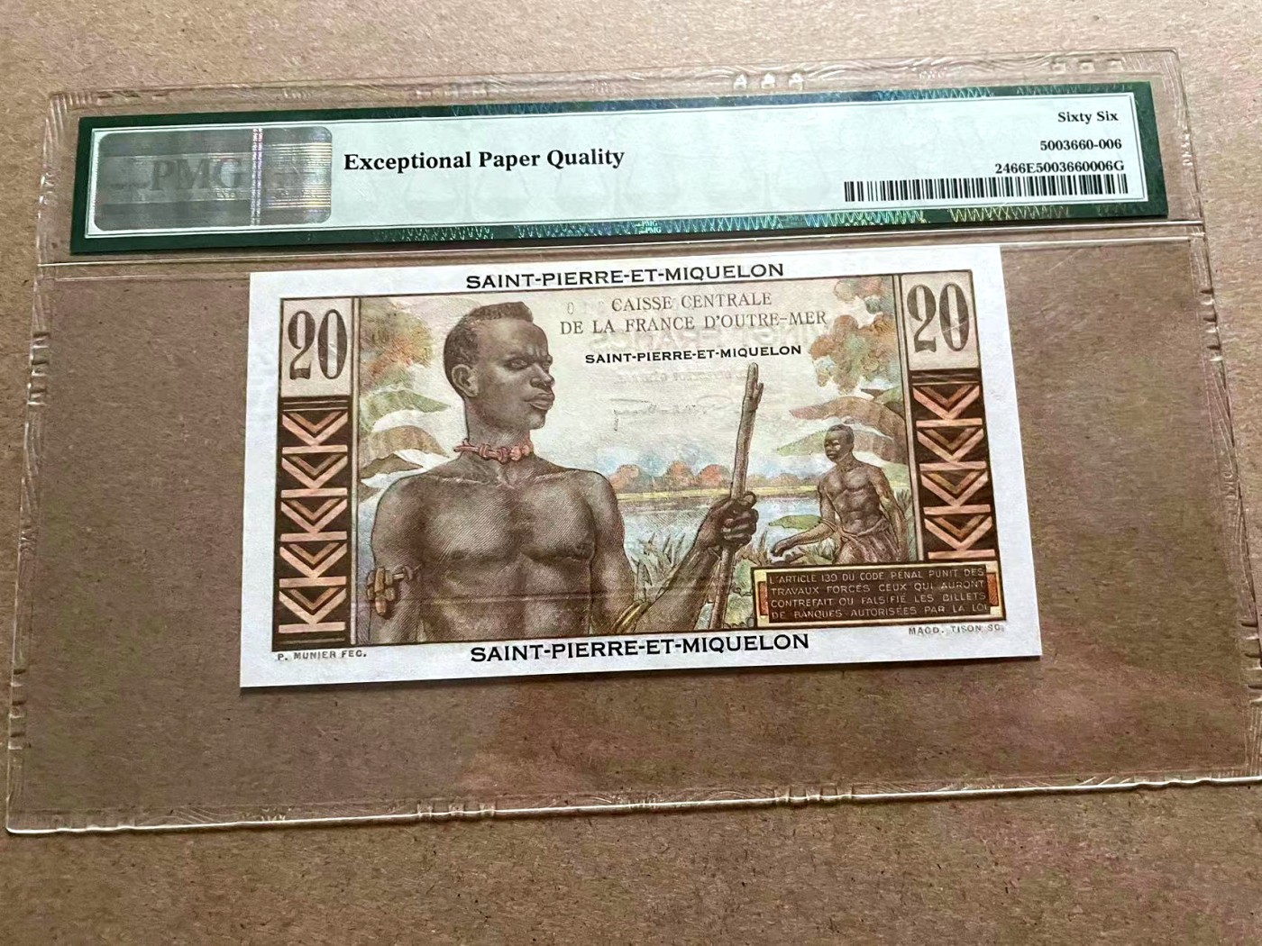 【Blue Auction】✨世界纸币精拍第406期【精】 【无47】圣皮埃尔和密克隆 1950-60年20法郎 PMG66EPQ 