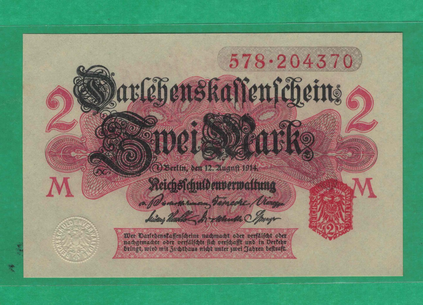 德国1914年2马克 签名如图 白色底 红印 红号 欧洲纸币 实物图 UNC