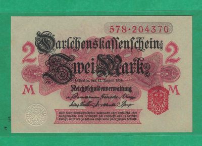 德国1914年2马克 签名如图 白色底 红印 红号 欧洲纸币 实物图 UNC - 德国1914年2马克 签名如图 白色底 红印 红号 欧洲纸币 实物图 UNC