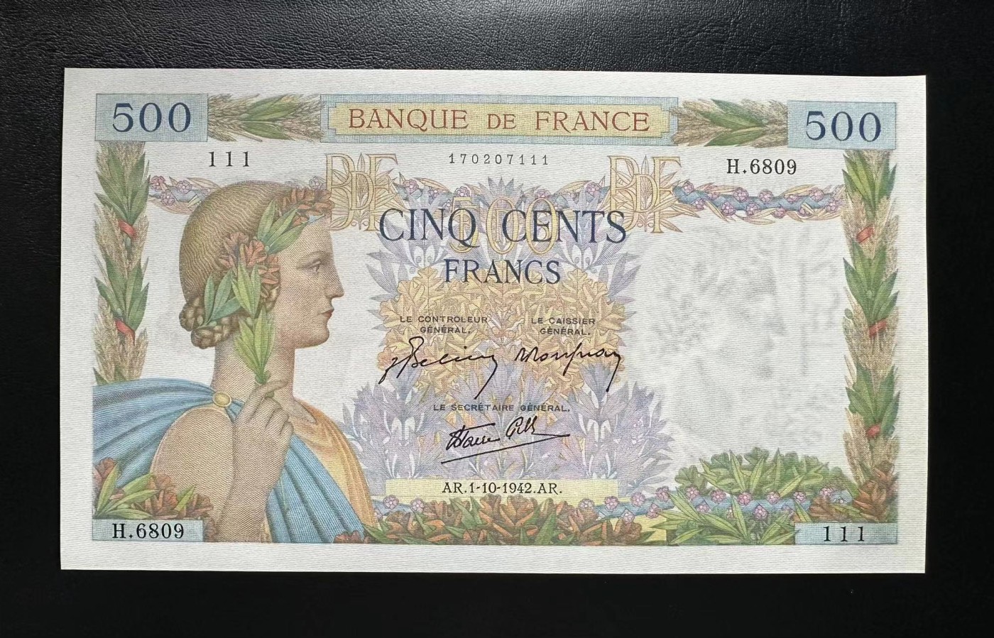 【Blue Auction】✨世界纸币精拍第406期【精】 【111豹子号】法国 1942年500法郎 UNC-
