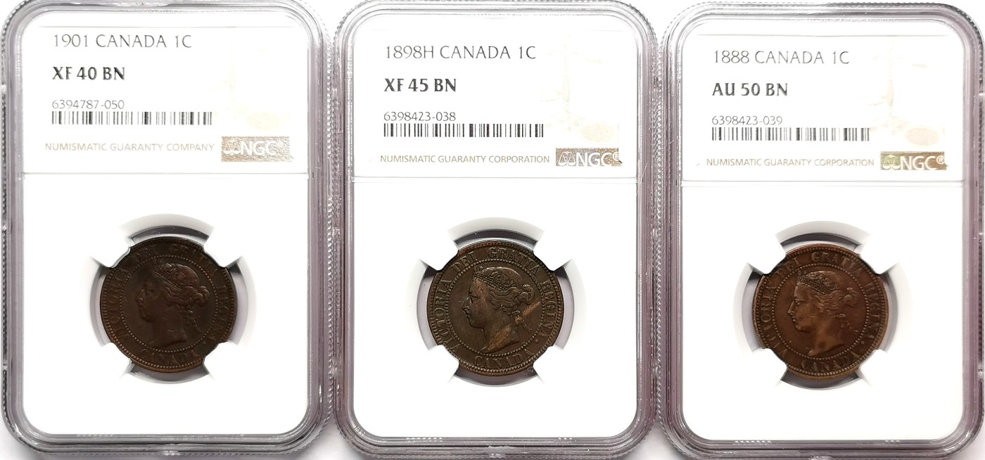 凡希社世界钱币微拍第二百五十七期（感恩专场） 加拿大小维壹分铜币三枚一组NGC