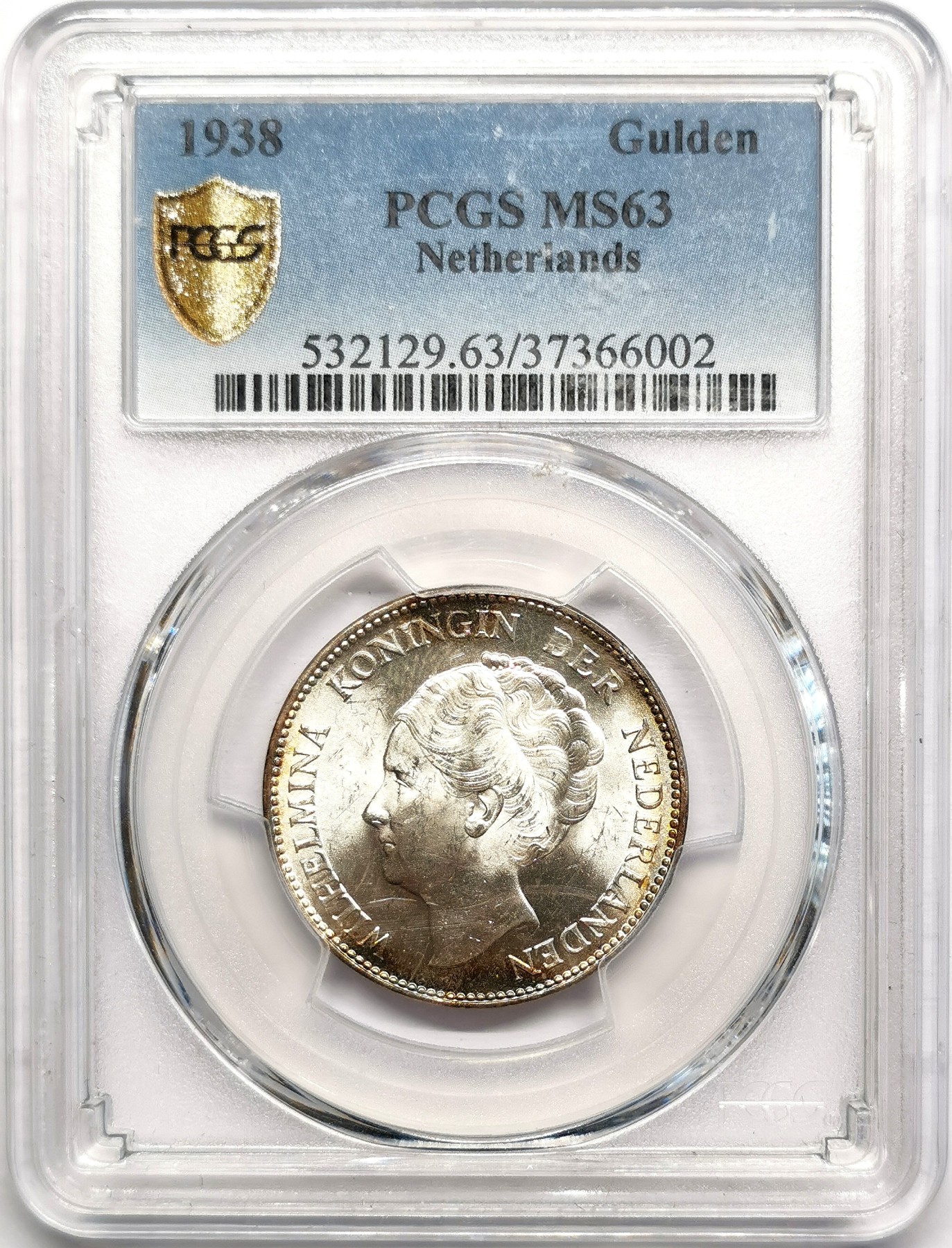 凡希社世界钱币微拍第二百五十七期（感恩专场） 1938荷兰威廉敏娜盾PCGS-MS63