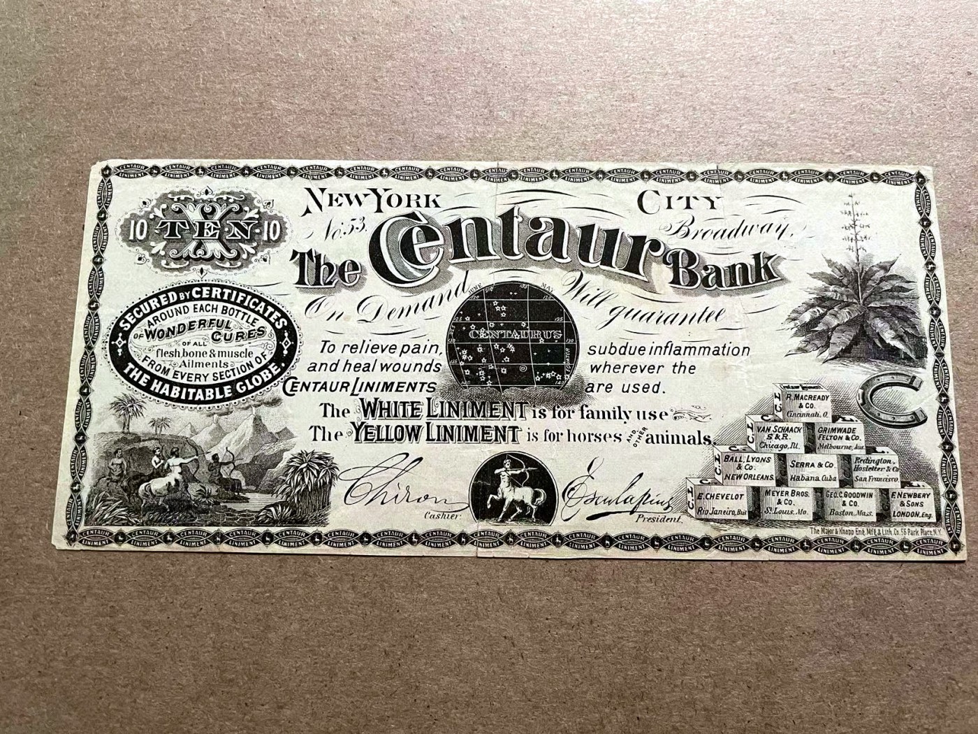 【Blue Auction】✨世界纸币精拍第406期【精】 【少见品种带签名 超前卫设计】美国 纽约 1870年代10美金 半人马设计很特别 还有星座图 双面设计 品相如图 