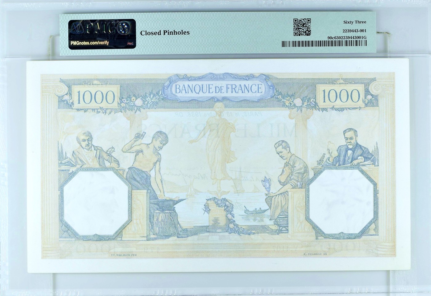 【Blue Auction】✨世界纸币精拍第406期【精】 法国 1938年 1000法郎 超大票幅 PMG63 