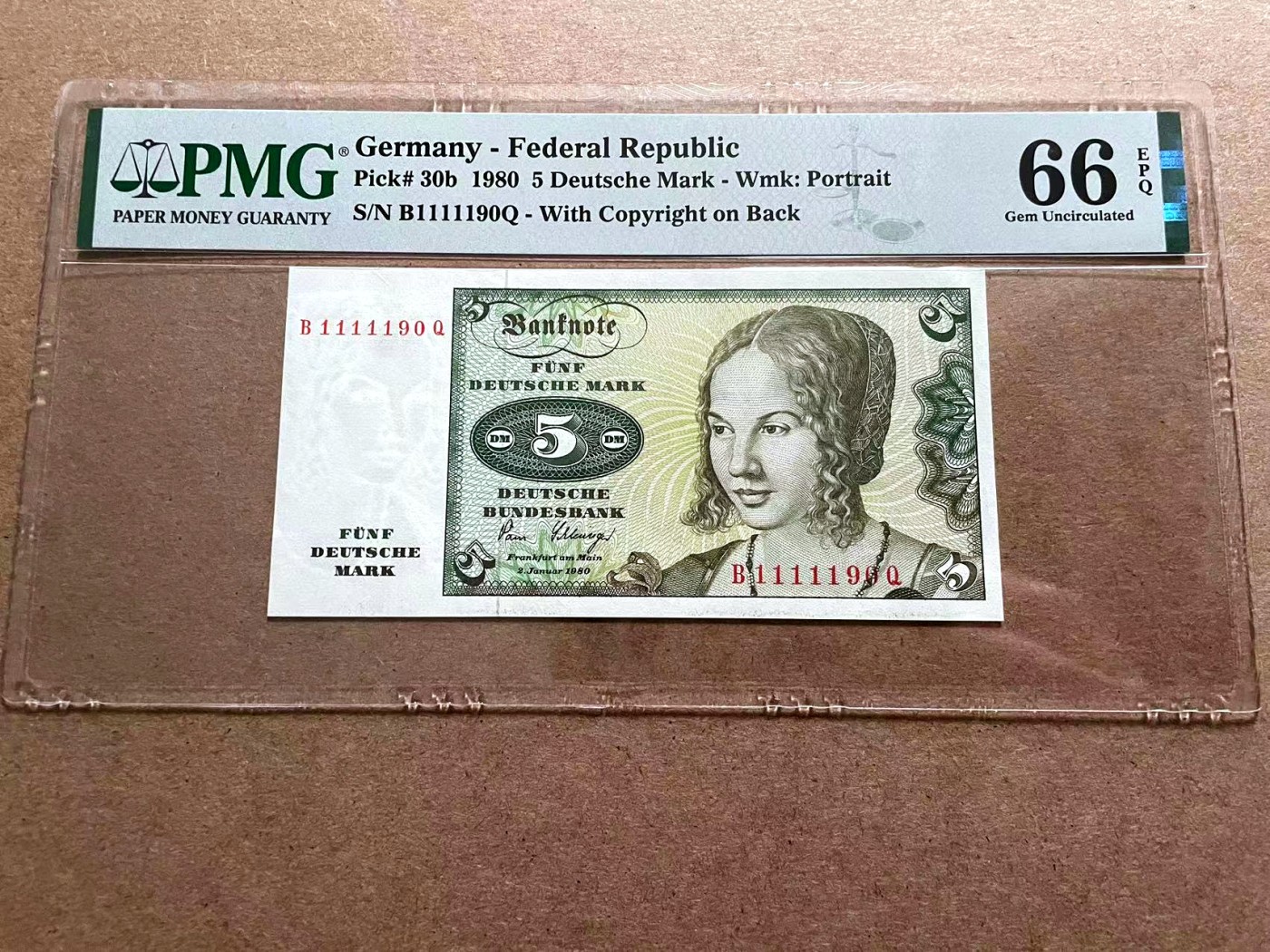 【Blue Auction】✨世界纸币精拍第406期【精】 【倒置号】德国 1980年5马克 PMG66EPQ 