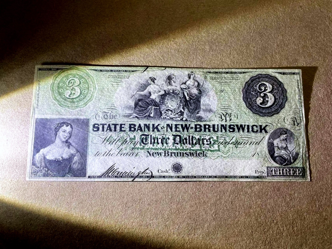 【Blue Auction】✨世界纸币精拍第406期【精】 【带签名少见品种】美国 新布朗斯维克 18XX年3美金 绿色套印 众女神 漏奶 经典 UNC- 