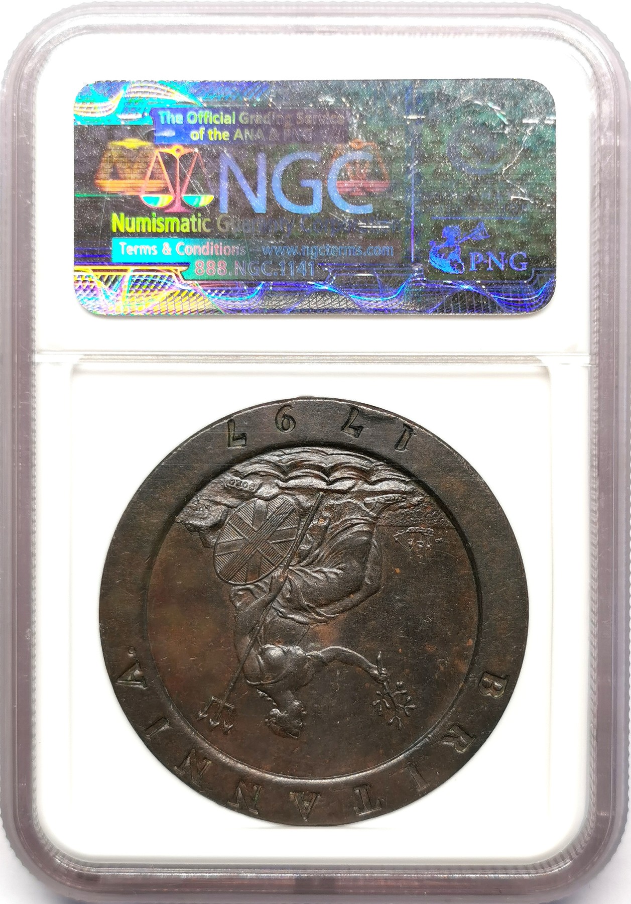 凡希社世界钱币微拍第二百五十七期（感恩专场） 荐！1797英国乔三车轮2便士大铜NGC-MS62巧克力色包浆！