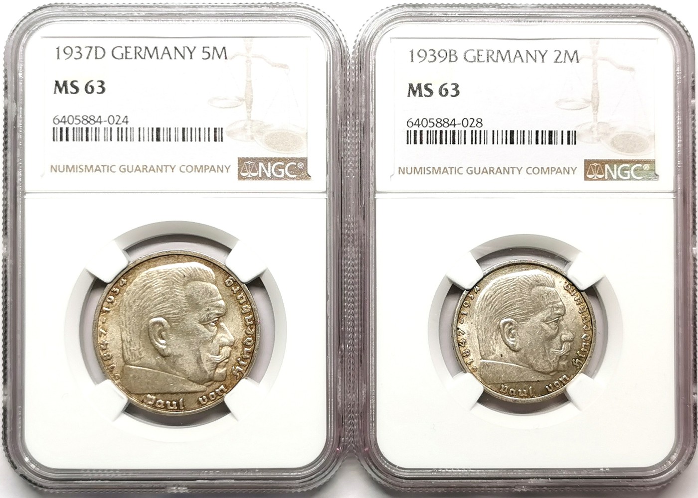 凡希社世界钱币微拍第二百五十七期（感恩专场） 德国兴登堡2/5马克银币一对NGC