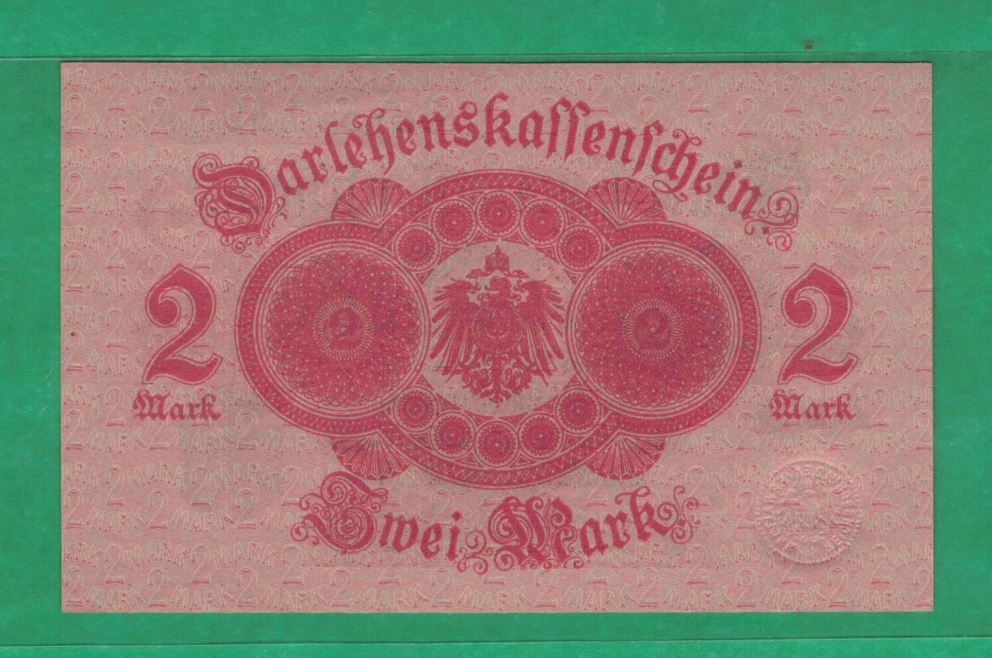 德国1914年2马克 签名如图 红色底 蓝印 蓝号 无4 欧洲纸币 实物图 UNC