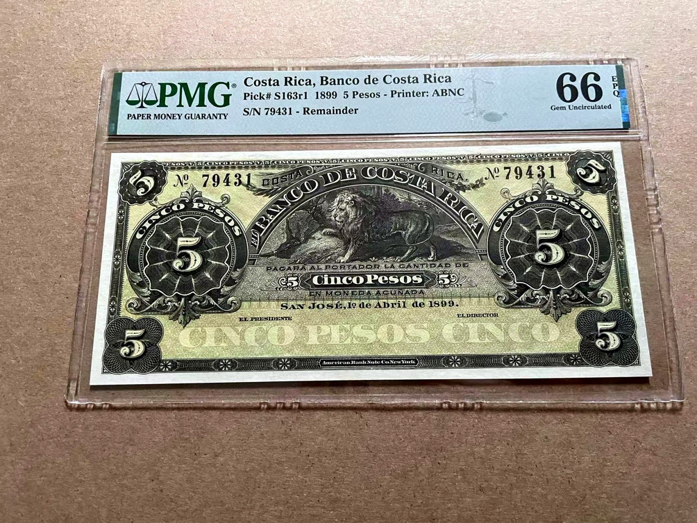 【Blue Auction】✨世界纸币精拍第406期【精】 哥斯达黎加 1899年5比索 ABNC出品 狮子 PMG66EPQ 大票幅 