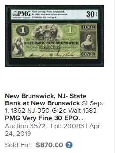 【Blue Auction】✨世界纸币精拍第406期【精】 【带签名少见品种】美国 新布朗斯维克 18XX年3美金 绿色套印 众女神 漏奶 经典 UNC- 