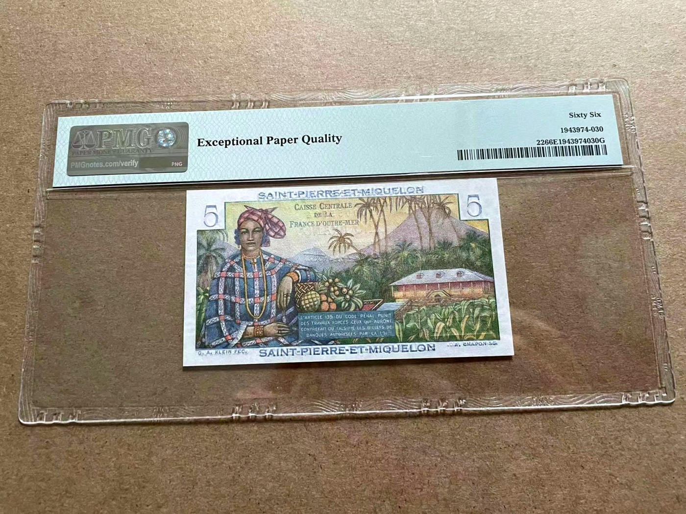【Blue Auction】✨世界纸币精拍第406期【精】 圣皮埃尔和密克隆 1950-60年5法郎 PMG66EPQ 