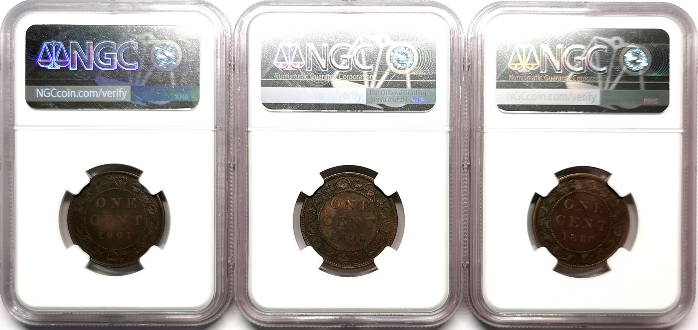 凡希社世界钱币微拍第二百五十七期（感恩专场） 加拿大小维壹分铜币三枚一组NGC