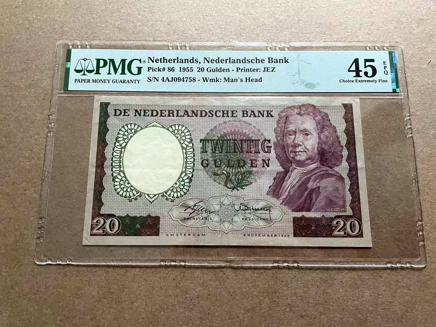 【Blue Auction】✨世界纸币精拍第406期【精】 荷兰 1955年20盾 毒蛇 PMG45EPQ 