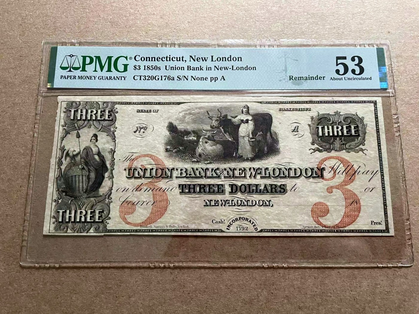 【Blue Auction】✨世界纸币精拍第406期【精】 美国 康涅狄格州 1850年代3美金 PMG53 女神精美