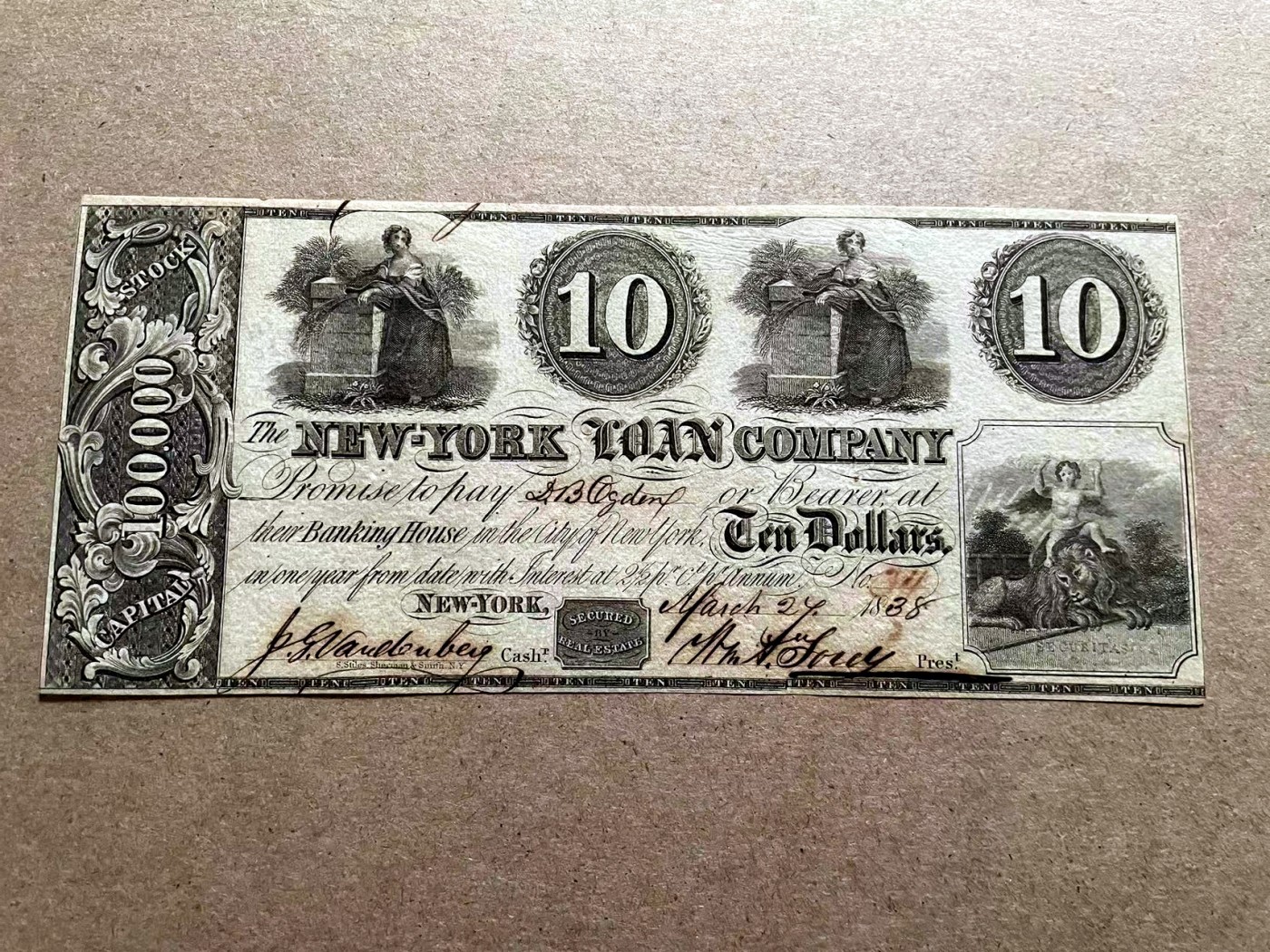 【Blue Auction】✨世界纸币精拍第406期【精】 【手签实钞 罕见品种】美国 纽约 早期 1838年10美金 双面设计精美 发行量仅1万张 UNC 该品相非常难得（近200年了 角自然轻微磨圆）