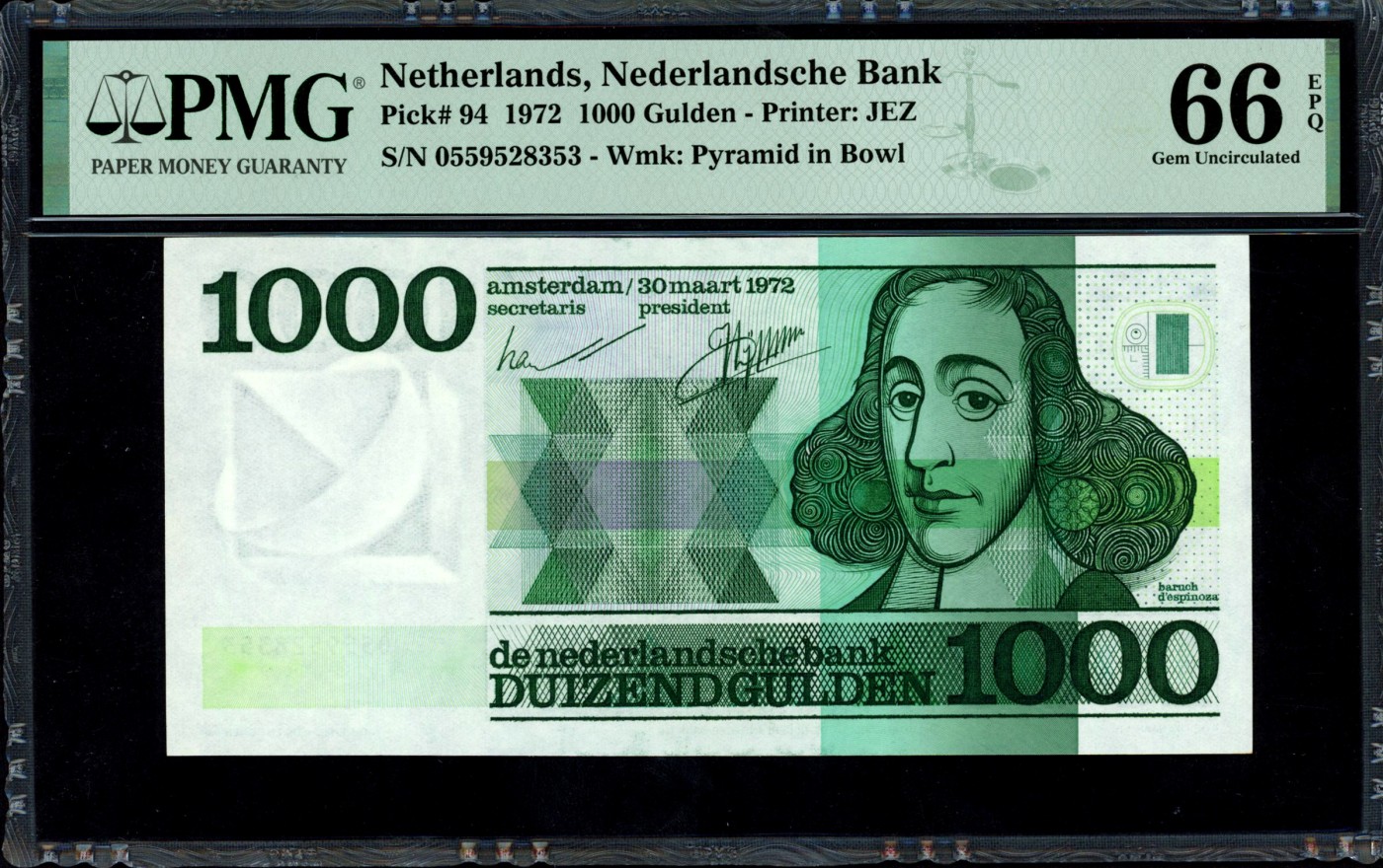 【Blue Auction】✨世界纸币精拍第406期【精】  【无47少见】荷兰 1972年1000盾 经典斯宾诺莎 PMG66EPQ