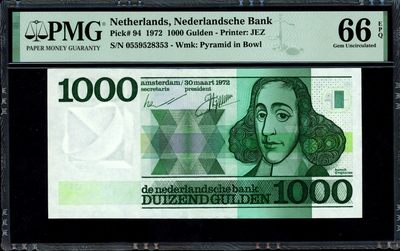 【Blue Auction】✨世界纸币精拍第406期【精】 -  【无47少见】荷兰 1972年1000盾 经典斯宾诺莎 PMG66EPQ