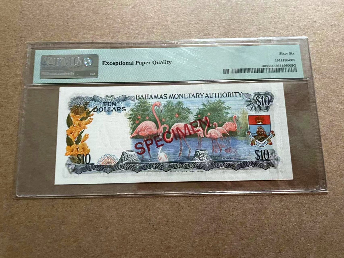 【Blue Auction】✨世界纸币精拍第406期【精】 【样钞】巴哈马 1968年10元 彩背 女王 PMG66EPQ 火烈鸟 