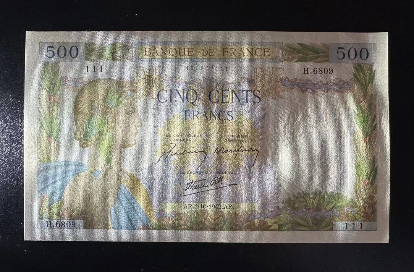 【Blue Auction】✨世界纸币精拍第406期【精】 【111豹子号】法国 1942年500法郎 UNC-