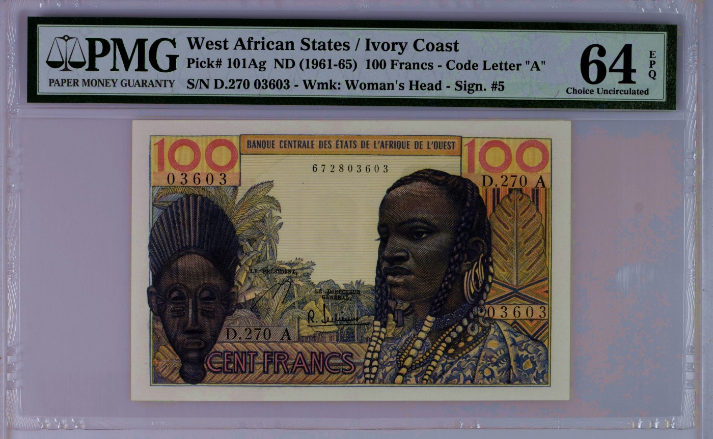 【Blue Auction】✨世界纸币精拍第406期【精】 【无47】西非 1961-65年100法郎 PMG64EPQ 