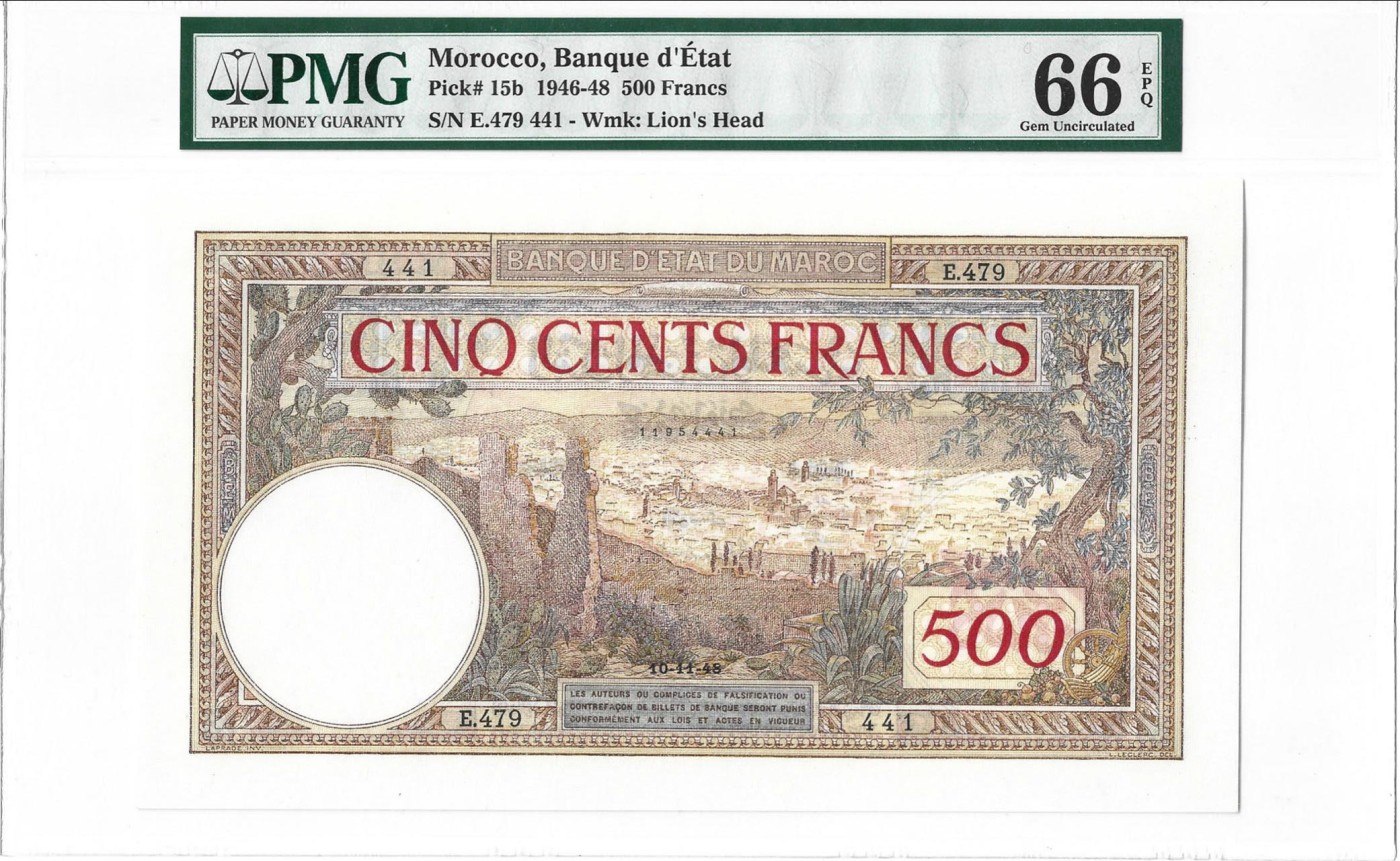 【Blue Auction】✨世界纸币精拍第406期【精】 摩洛哥 1948年500法郎 PMG66EPQ 古迹 超大票幅  特色纹饰