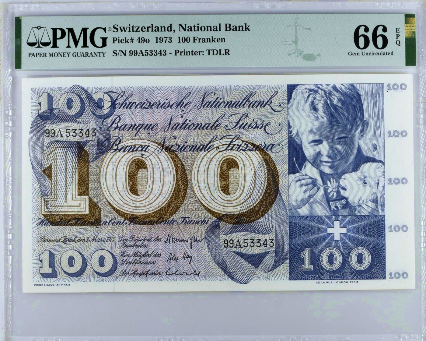【Blue Auction】✨世界纸币精拍第406期【精】 【A冠】瑞士 1973年100法郎 圣马丁割袍 PMG66EPQ 大票幅