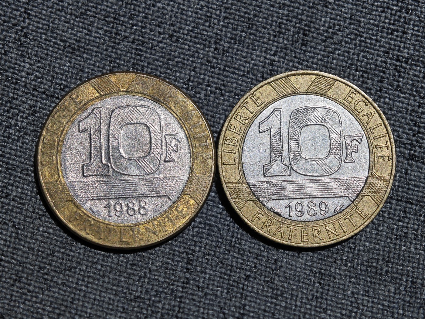 外国硬币收藏第5期 法国80年代天使10法郎双色币2枚