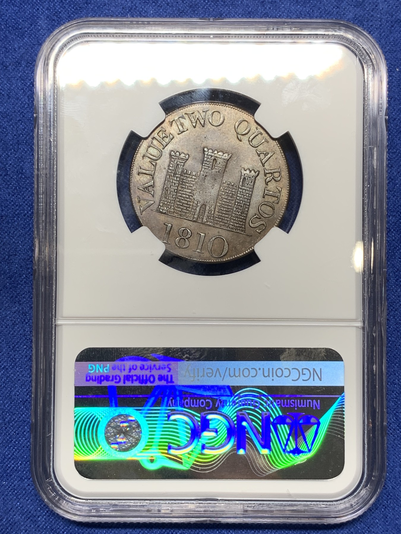 《竞宝斋》第224场-周日，周一，周二 3场 (全场包邮) 唯一冠军分 NGC MS63 BN 英属直布罗陀 1810  小字版 2夸脱 铜币 单年单版 稀见品种