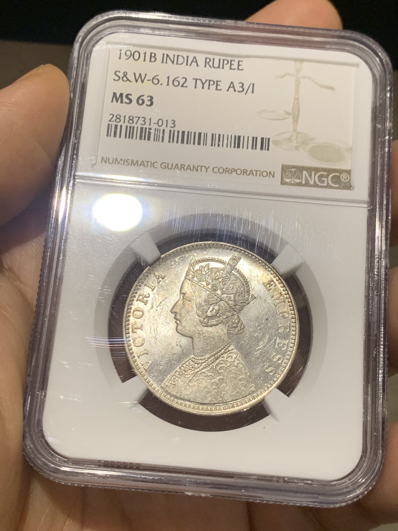 《竞宝斋》第224场-周日，周一，周二 3场 (全场包邮) NGC MS63 英属印度1901年B版维多利亚1卢比银币，少见小版别亚军分，更高64就2枚