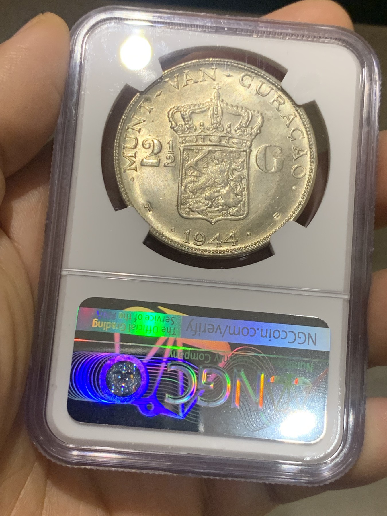 《竞宝斋》第224场-周日，周一，周二 3场 (全场包邮) NGC MS63 荷属库拉索1944D女王威廉明娜2.5盾银币