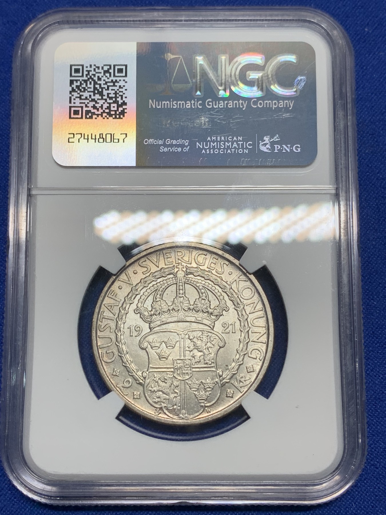 《竞宝斋》第224场-周日，周一，周二 3场 (全场包邮) NGC MS63 瑞典1921年政治自由400周年银币