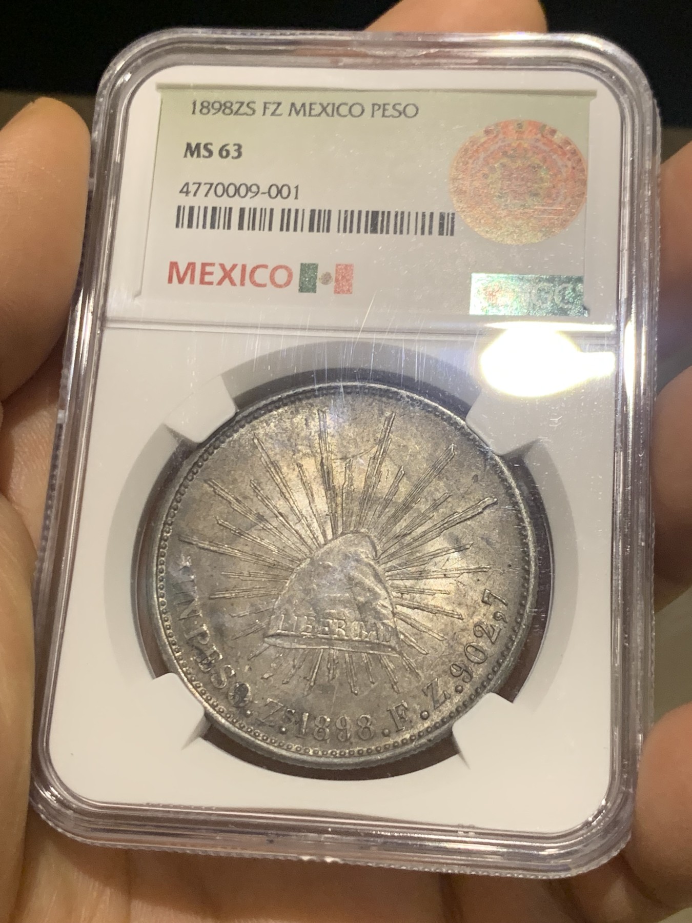 《竞宝斋》第224场-周日，周一，周二 3场 (全场包邮) NGC MS63 墨西哥1898年ZSFZ版直边鹰洋一比索银币 原铸版高分市面上见的不多 墨西哥本土ngc评级