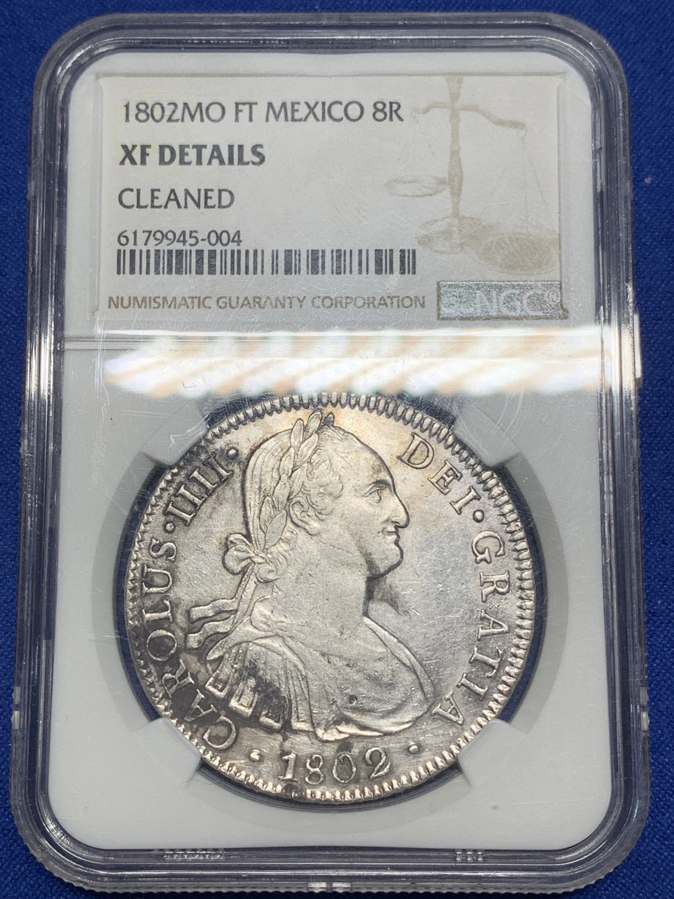 《竞宝斋》第224场-周日，周一，周二 3场 (全场包邮) NGC-XFD 西属墨西哥 1802年 8R 卡洛斯四世双柱 银币 底板干净