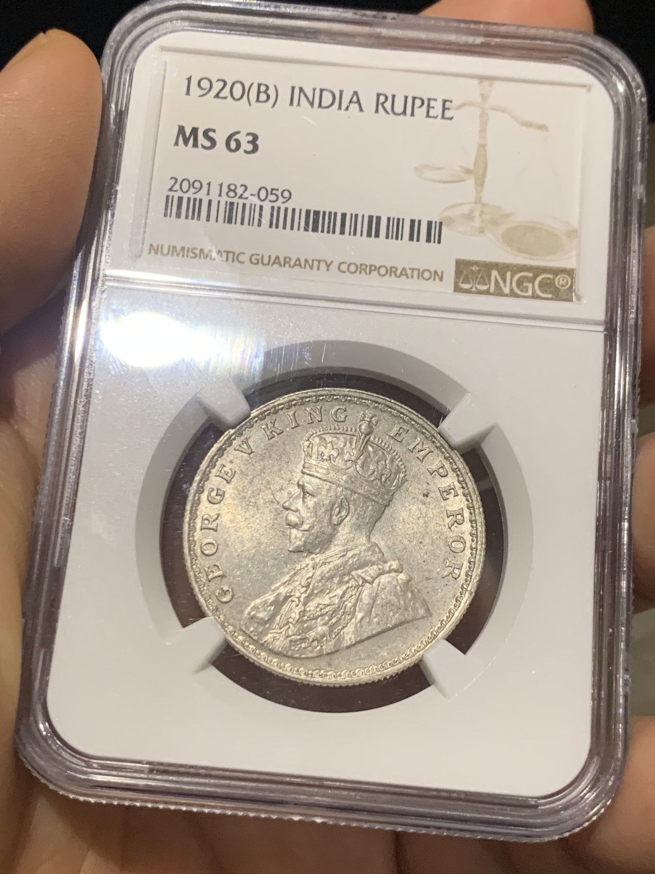 《竞宝斋》第224场-周日，周一，周二 3场 (全场包邮) NGC MS63 英属印度1920年B版孟买厂乔五1卢比银币