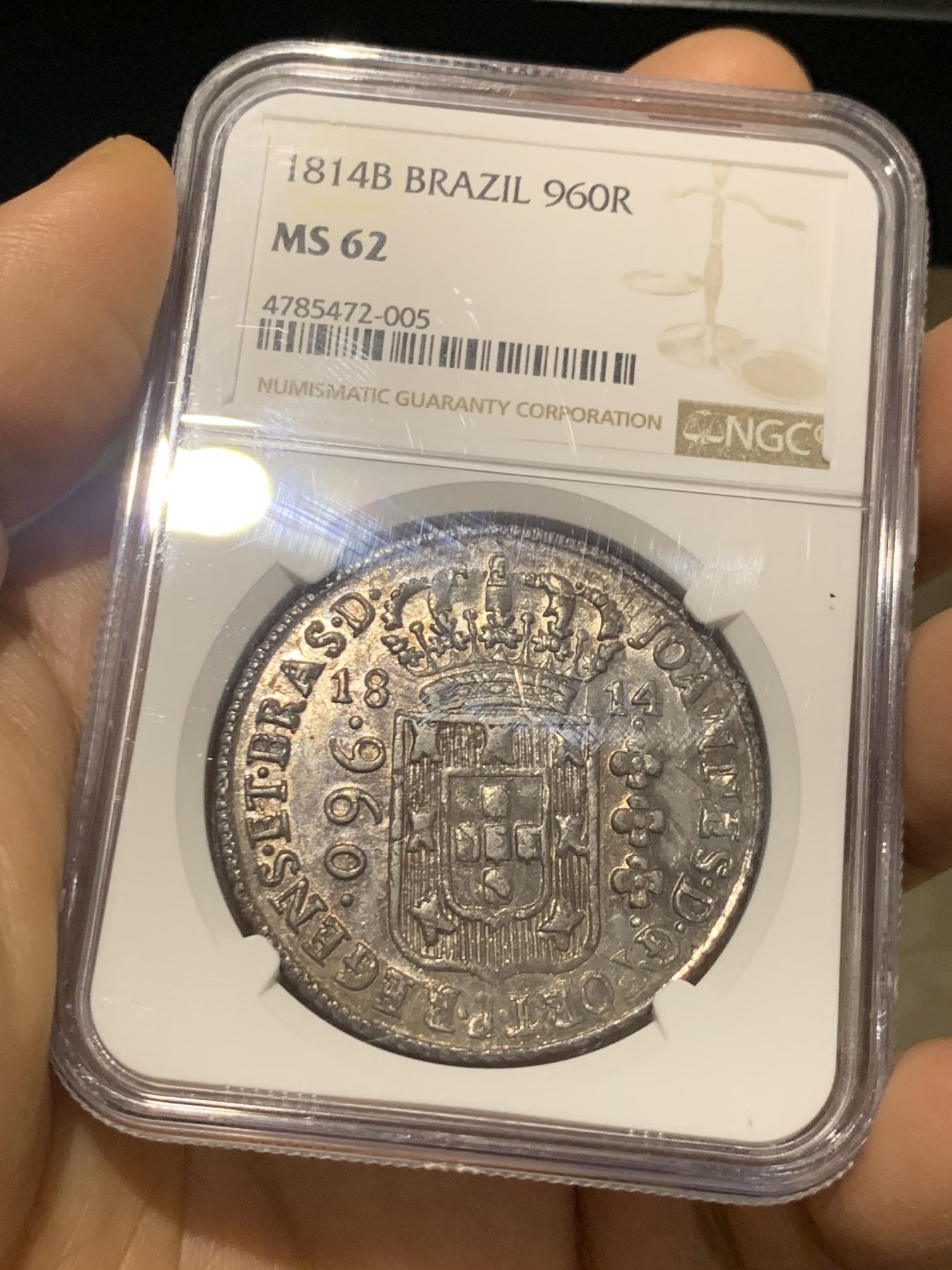 《竞宝斋》第224场-周日，周一，周二 3场 (全场包邮) NGC MS62 巴西1814年地球960瑞斯大银币 原味深彩包浆 整体深打 很不错