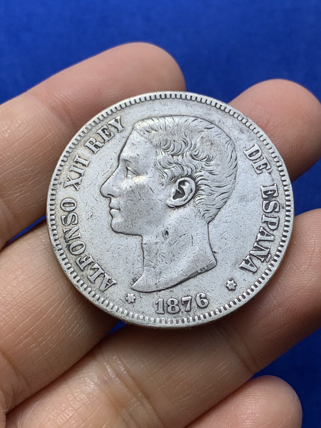 《竞宝斋》第224场-周日，周一，周二 3场 (全场包邮) 西班牙1876年阿方索十二世5比塞塔银币