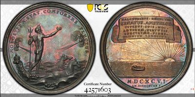 《竞宝斋》第224场-周日，周一，周二 3场 (全场包邮) - 唯一冠军分 PCGS MS65 荷兰1696银章，阿姆斯特丹平息叛乱，该品种好品极少，此枚磨砂酱彩极品。