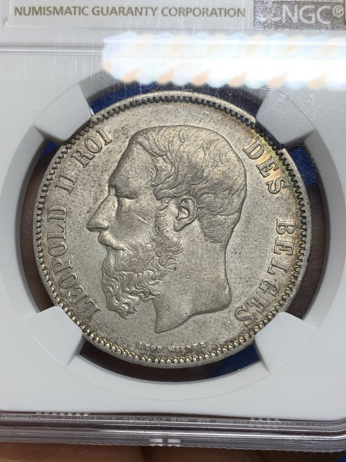 《竞宝斋》第224场-周日，周一，周二 3场 (全场包邮) NGC-AUD 比利时 1869年大胡子利奥波德5法郎银币 包浆极好，适合砸盒子把玩