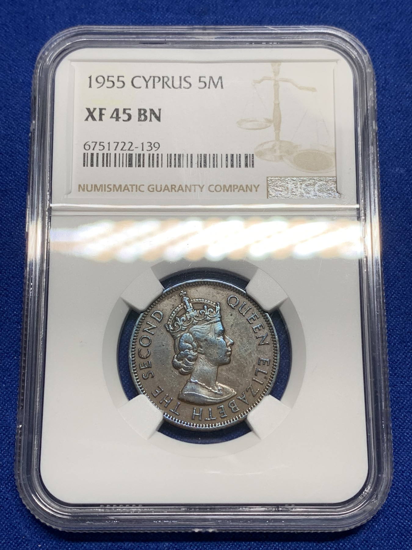 《竞宝斋》第224场-周日，周一，周二 3场 (全场包邮) NGC XF45 1955年英属塞浦路斯5M铜币