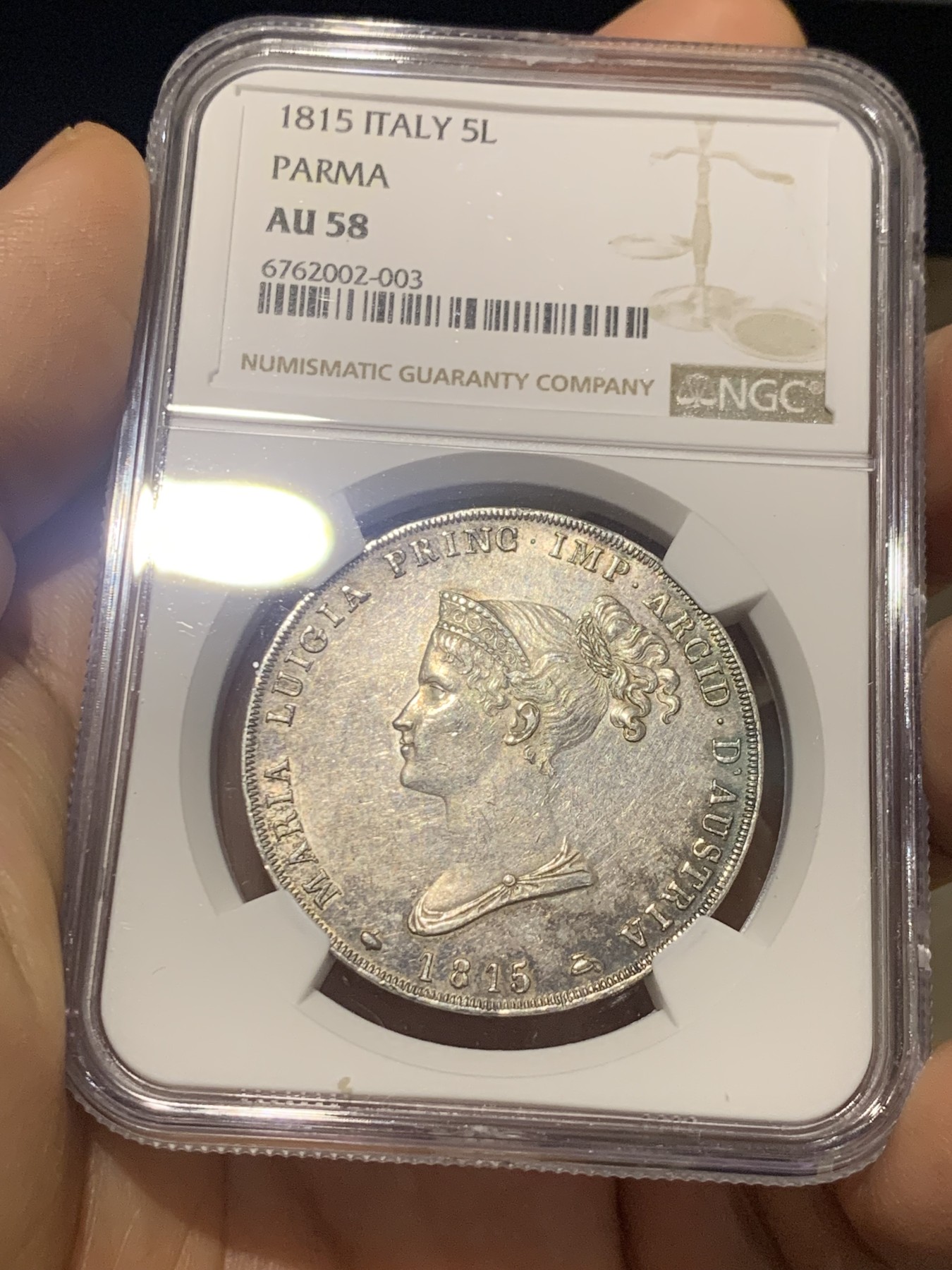 《竞宝斋》第224场-周日，周一，周二 3场 (全场包邮) NGC AU58 意大利1815年帕尔马5里拉银币，原味好细节，性价比好，近年热门品种，日本AW拍卖的63分达到了创纪录4.5万人民币
