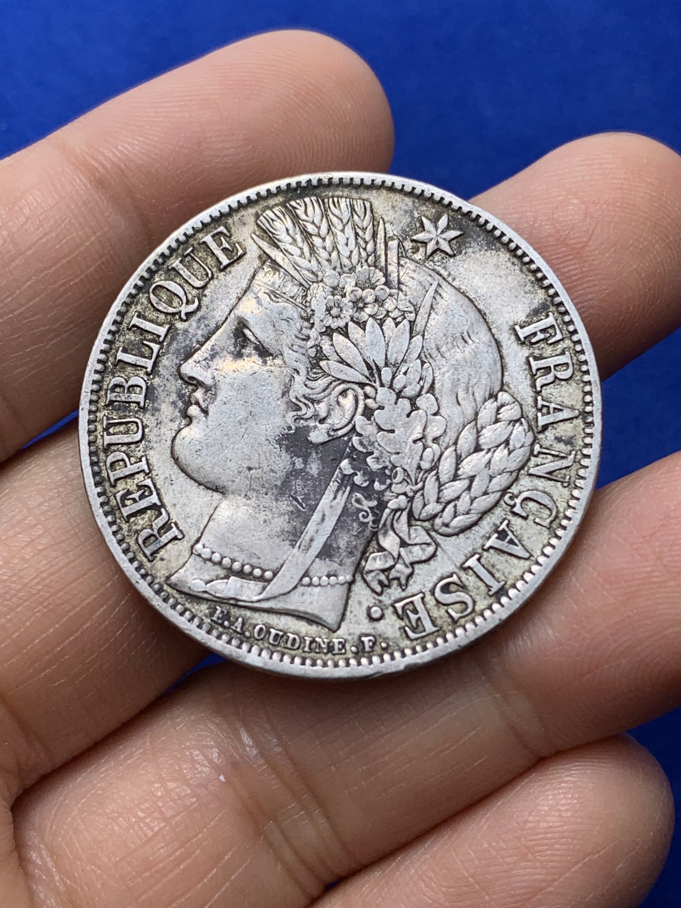 《竞宝斋》第224场-周日，周一，周二 3场 (全场包邮) 法国1851谷物女神5法郎银币 细节不错