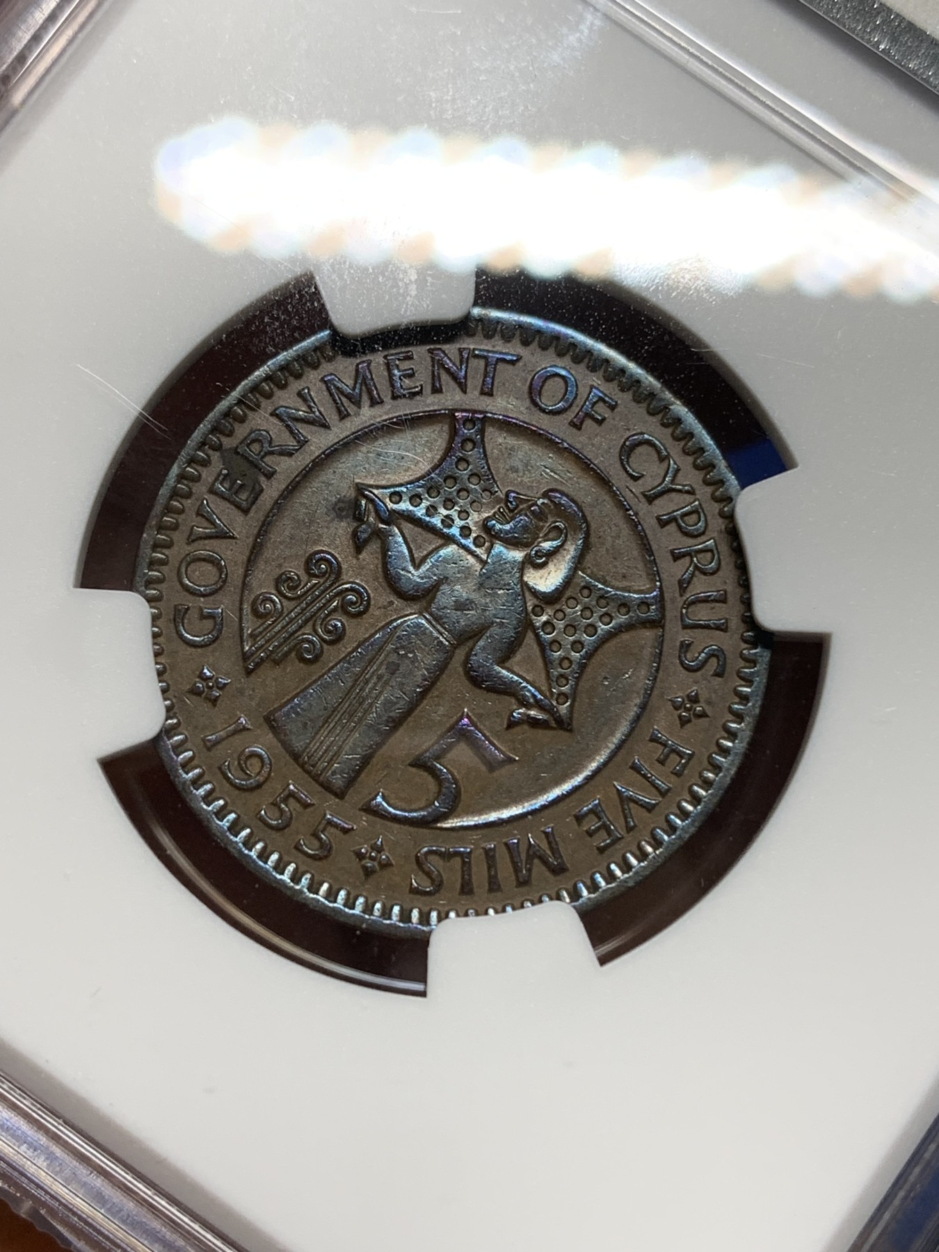 《竞宝斋》第224场-周日，周一，周二 3场 (全场包邮) NGC XF45 1955年英属塞浦路斯5M铜币