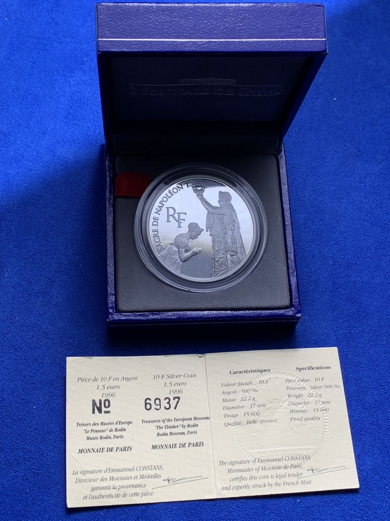 《竞宝斋》第224场-周日，周一，周二 3场 (全场包邮) 法国1993卢浮宫珍藏系列-拿破仑.波拿巴加冕典礼-100法郎精制银币（盒证齐全） 重22.2g 900银 37mm 发行20000枚