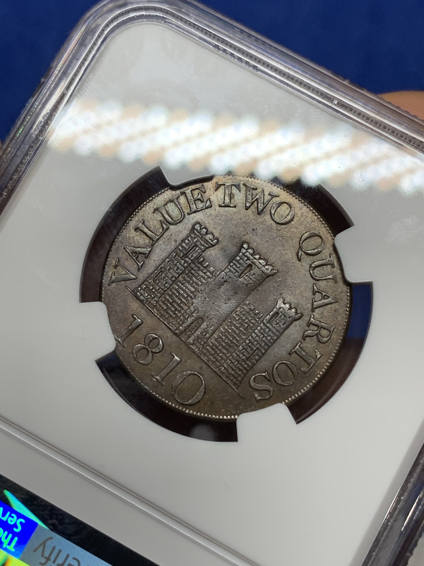 《竞宝斋》第224场-周日，周一，周二 3场 (全场包邮) 唯一冠军分 NGC MS63 BN 英属直布罗陀 1810  小字版 2夸脱 铜币 单年单版 稀见品种