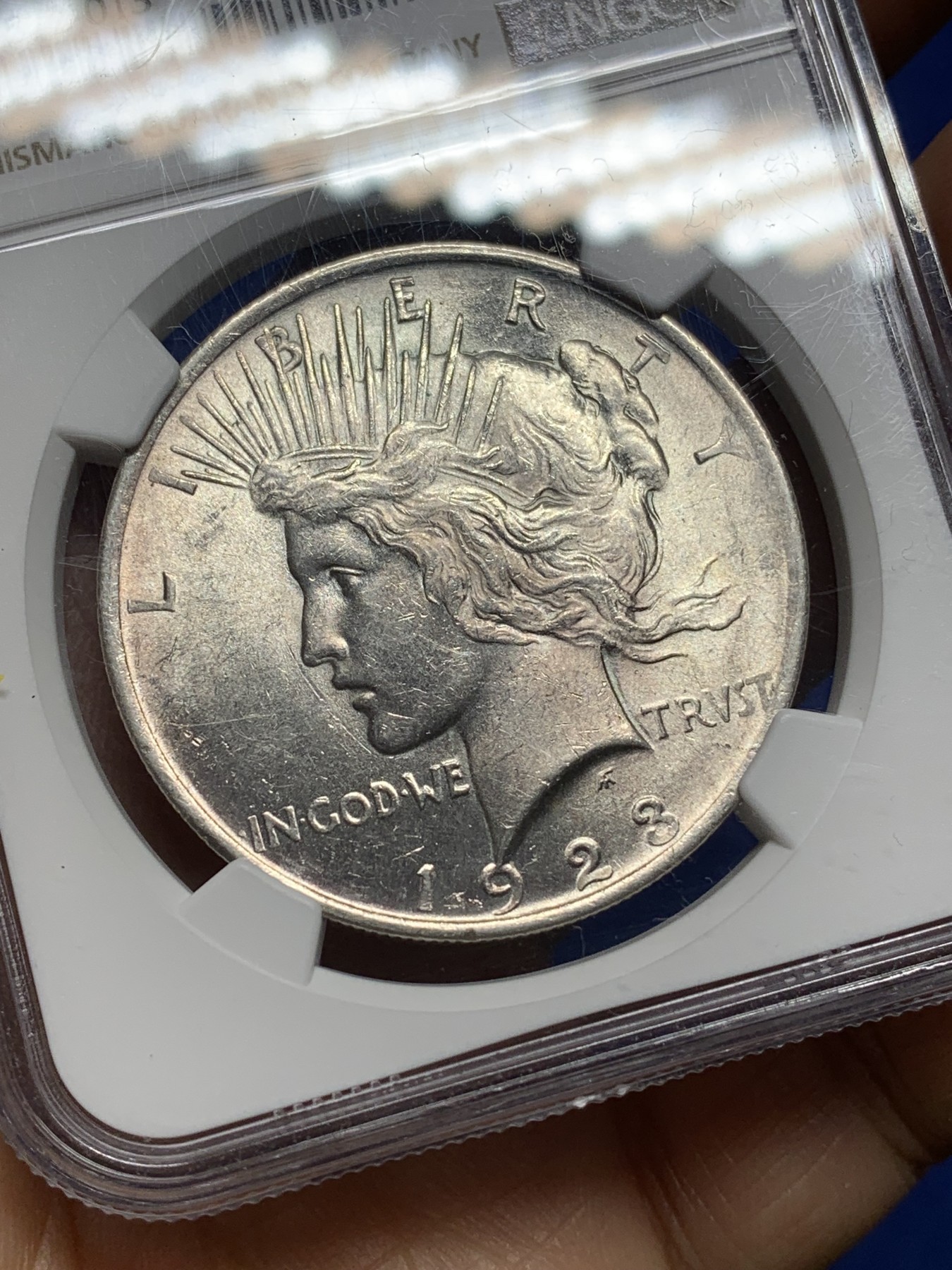 《竞宝斋》第224场-周日，周一，周二 3场 (全场包邮) NGC-MS61 1923年美国和平1美元银币 淡彩包浆